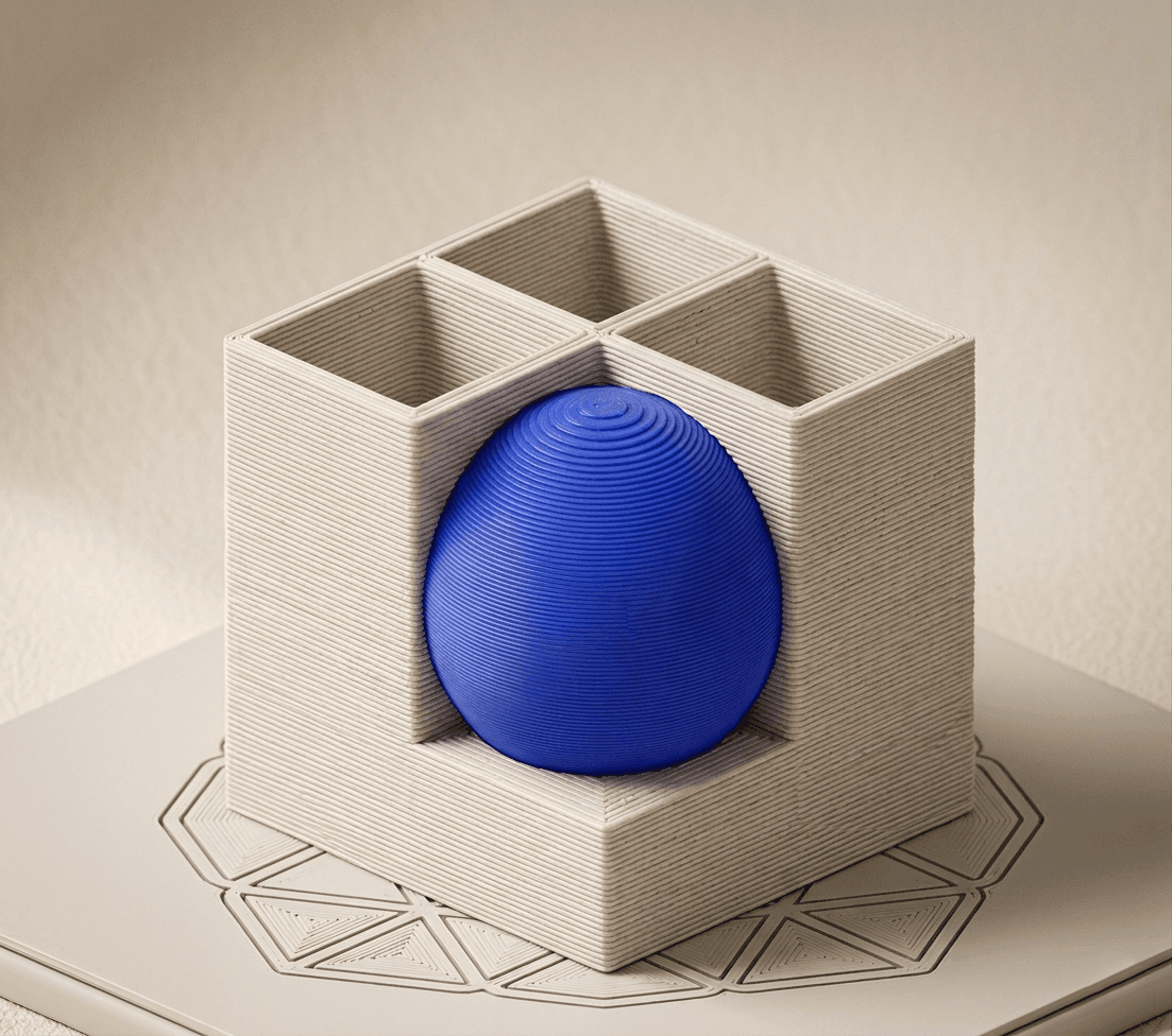 Pieza impresa en 3D — cubo organizador con esfera cobalto
